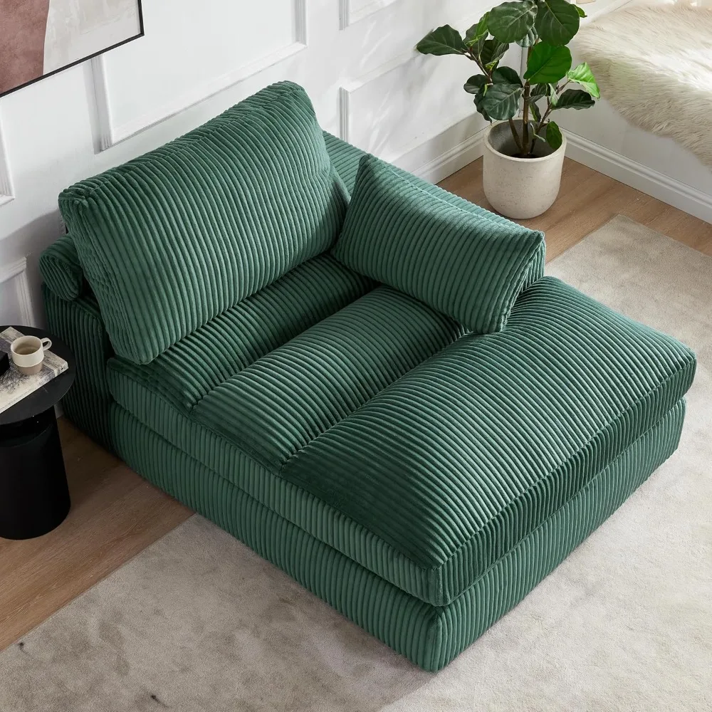 Oversized Chaise Lounge Sofa Chair Indoor, Upholstered Plush Corduroy Boneless Chair with Throw Pillow, Comfy Fluffy Deap Seat