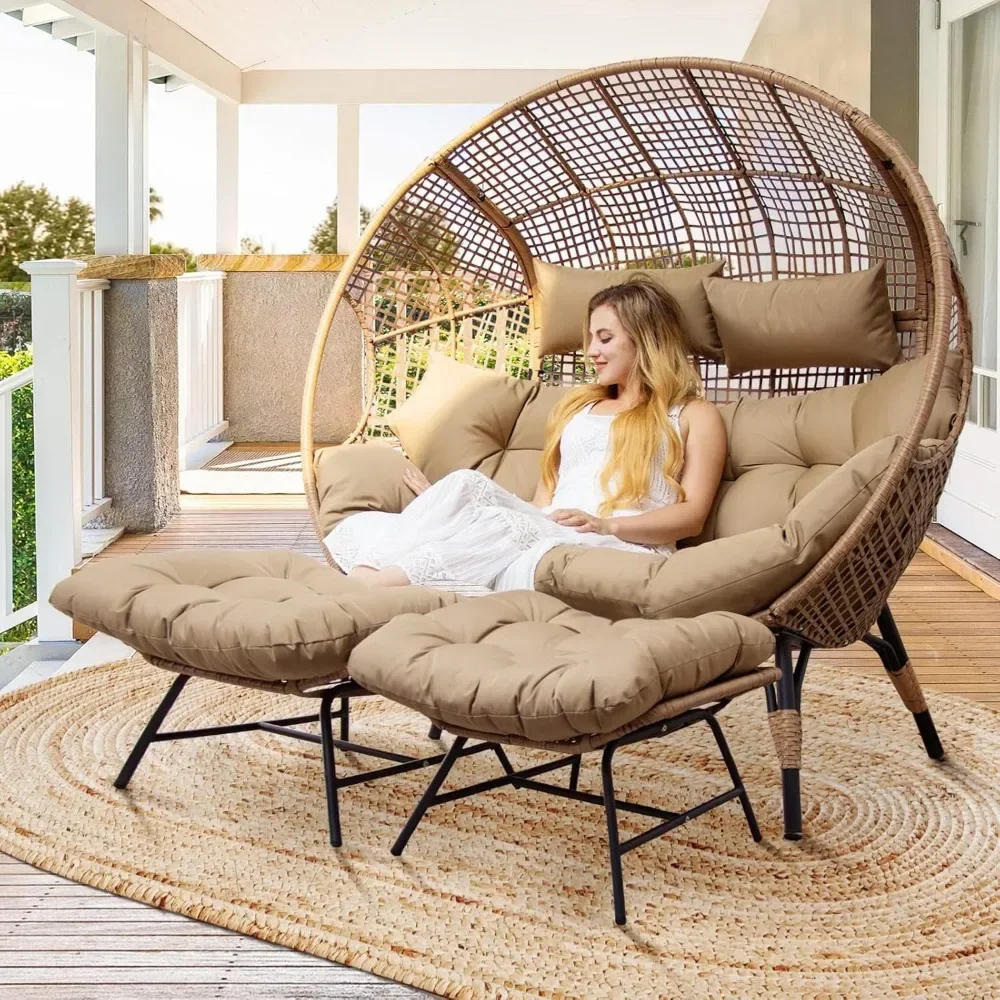 2 Person Egg Chair Indoor Outdoor Stationary Wicker Large Egg Seating Egg Basket Lounge Chair with Ottoman Footrest