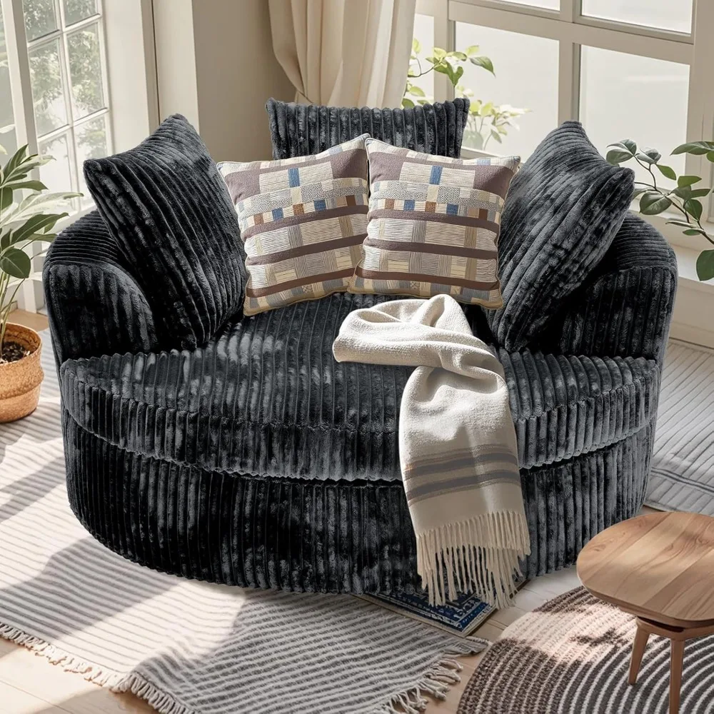 59 Inch Oversized Chaise Lounge Chair Indoor, Round Corduroy Chaise Lounge Sofa Bed with Throw Pillows and Backrest
