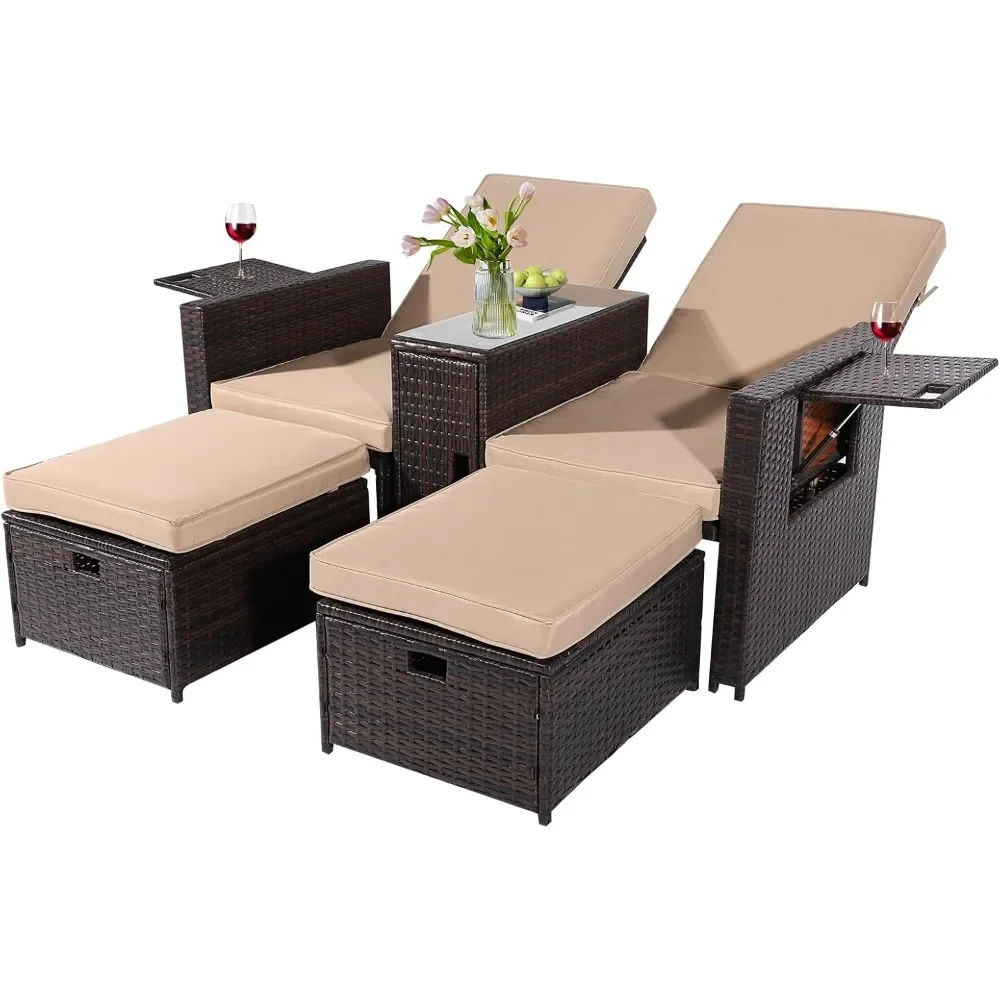 5PCS Outdoor Wicker Chaise Lounge Chair for Patio Beach Pool Backyard Rattan Adjustable Reclining Patio Lounge Chair,Sun Lounger