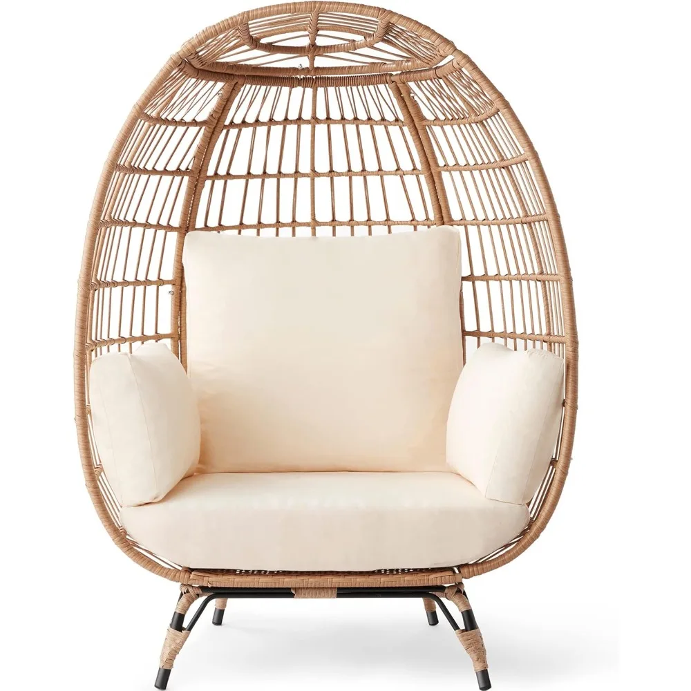 Rattan Egg Chair, Oversized Indoor and Outdoor Lounge Chair with 4 Cushions, Steel Frame, 440 Lbs